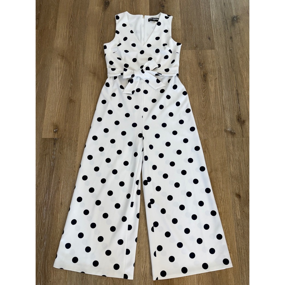 Karl Lagerfeld Polka Dot Wide Leg Jumpsuit Women 8 White Navy Blue V-Neck Belted
